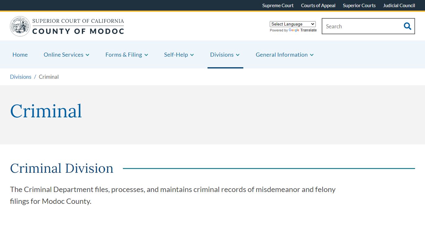 Criminal | Superior Court of California | County of Modoc